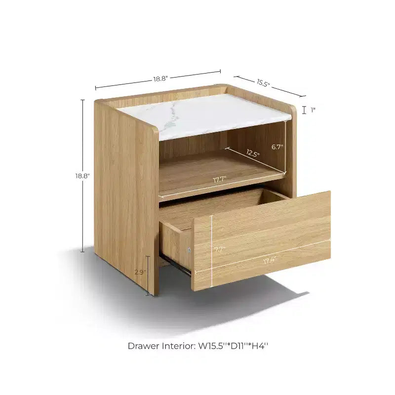 Table de chevet en chêne 23 po avec dessus en faux marbre, table de chevet en bois avec étagère de rangement ouverte, marron