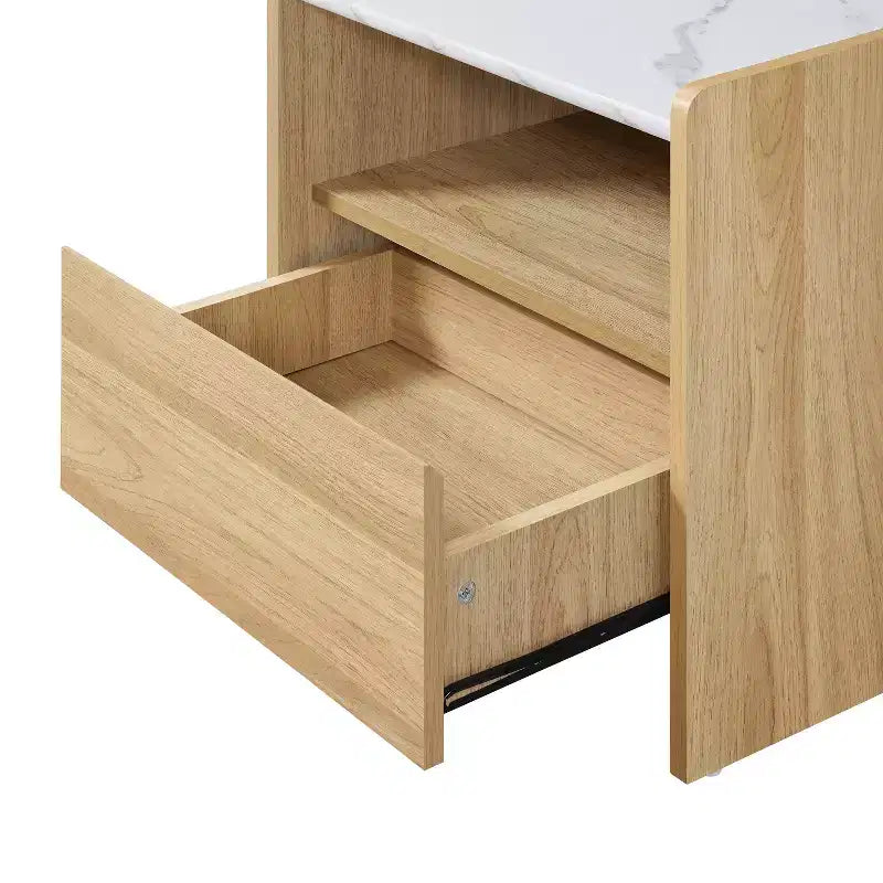 Table de chevet en chêne 23 po avec dessus en faux marbre, table de chevet en bois avec étagère de rangement ouverte, marron