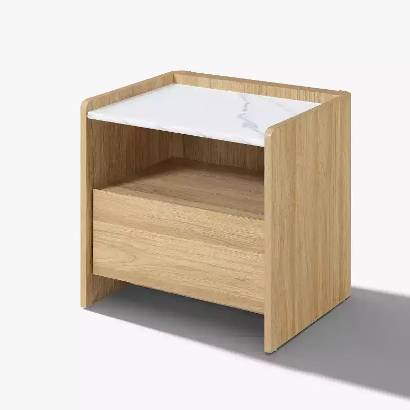 Table de chevet en chêne 23 po avec dessus en faux marbre, table de chevet en bois avec étagère de rangement ouverte, marron