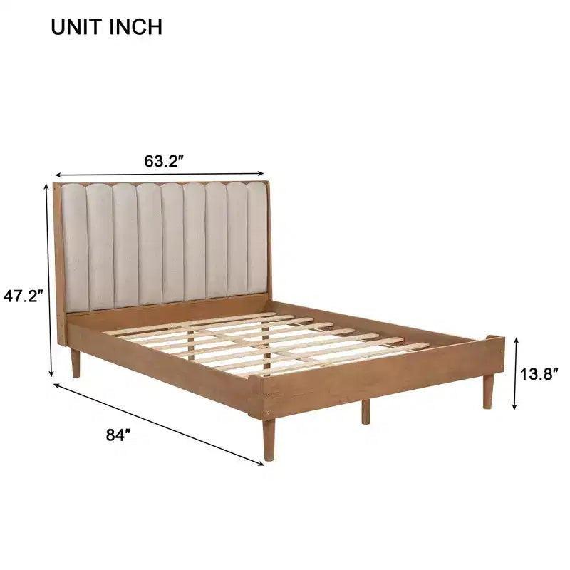 Lit double en bois avec tête de lit capitonnée de style piano et cadre de lit renforcé, Blé