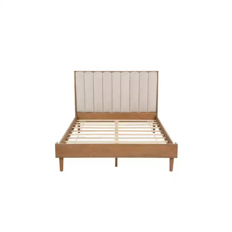 Lit double en bois avec tête de lit capitonnée de style piano et cadre de lit renforcé, Blé