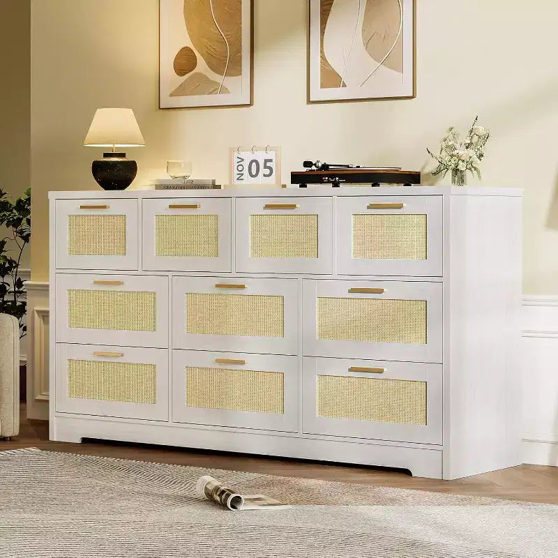Commode en rotin à 10 tiroirs, commode de ferme de 150 cm de large avec dispositif anti-basculement, organisateur de rangement pour dressing, maison ou bureau