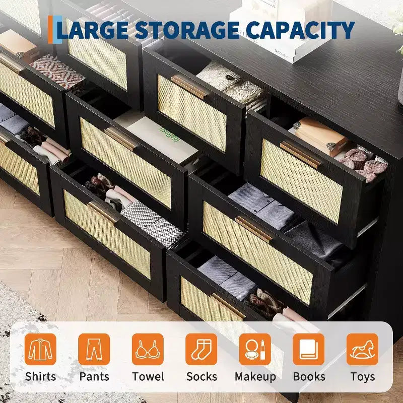Commode en rotin à 10 tiroirs, commode de ferme de 150 cm de large avec dispositif anti-basculement, organisateur de rangement pour dressing, maison ou bureau