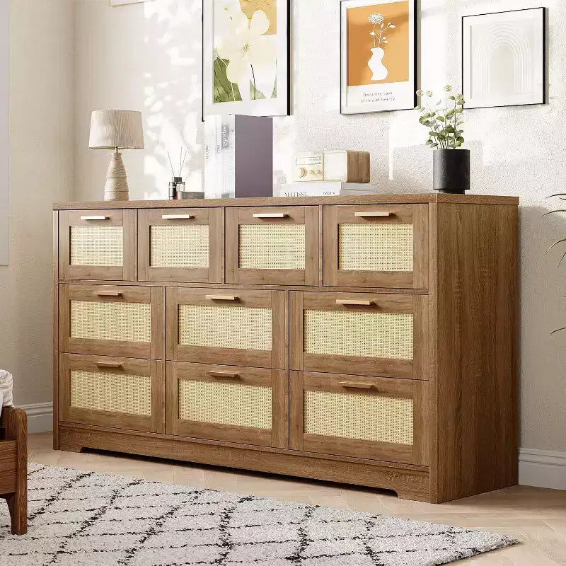 Commode en rotin à 10 tiroirs, commode de ferme de 150 cm de large avec dispositif anti-basculement, organisateur de rangement pour dressing, maison ou bureau