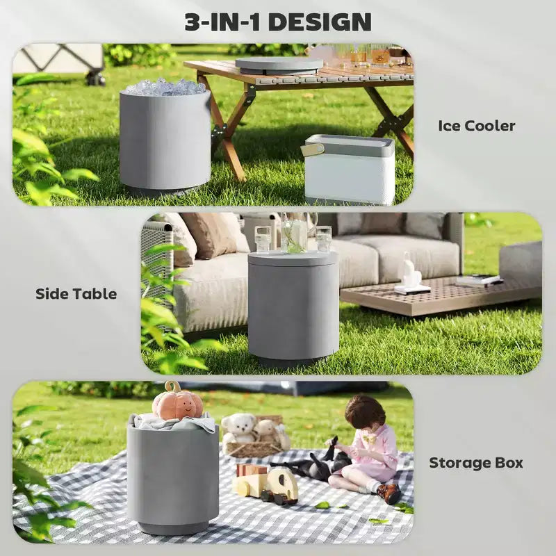 Table d'appoint d'extérieur de 2,6 gallons, table de bar isotherme en béton 3 en 1 avec rangement, seau à glace et couvercle amovibles