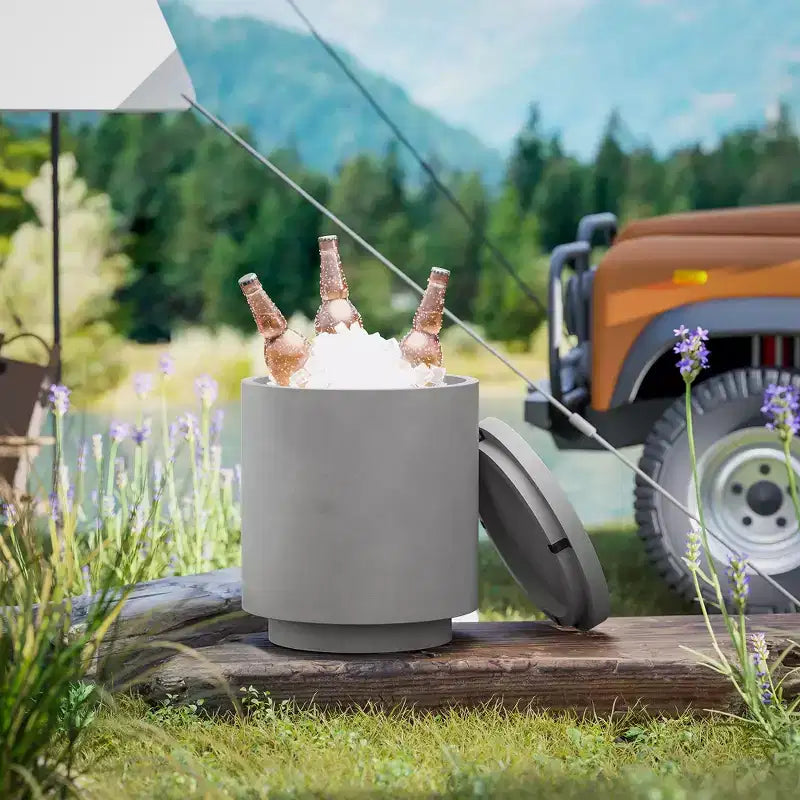 Table d'appoint d'extérieur de 2,6 gallons, table de bar isotherme en béton 3 en 1 avec rangement, seau à glace et couvercle amovibles