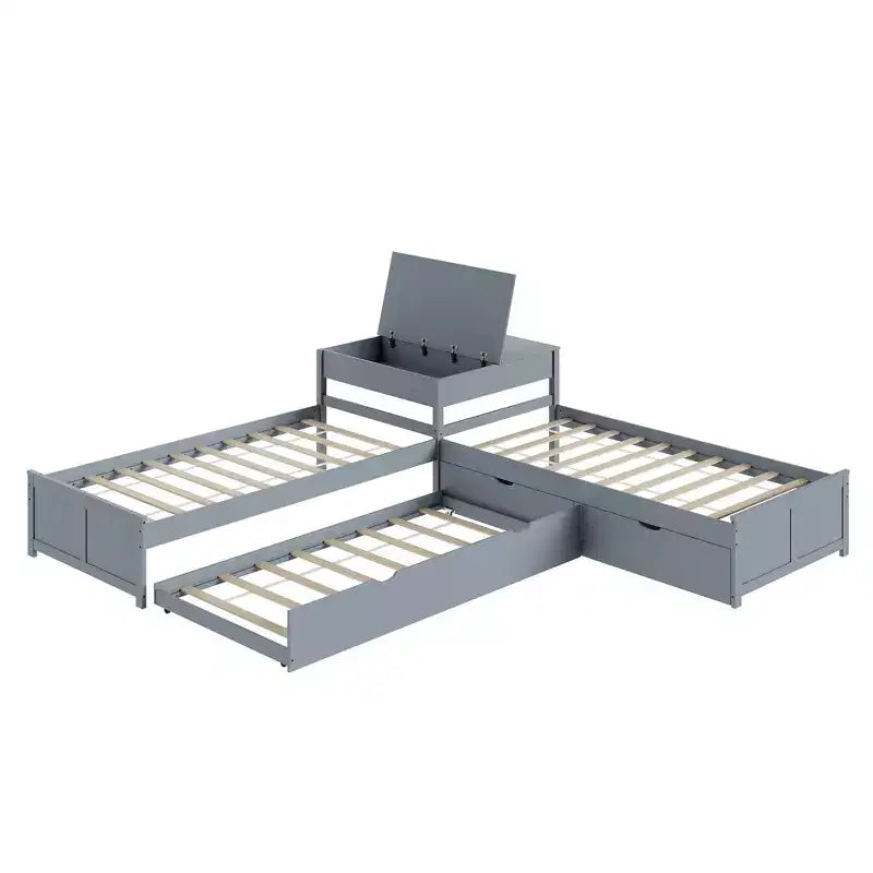 Lit gigogne double en bois massif en forme de L avec bureau de rangement à plateau relevable, cadre de plateforme peu encombrant pour chambres d'enfants et familiales