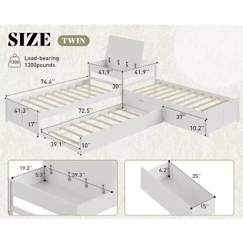 Lit gigogne double en bois massif en forme de L avec bureau de rangement à plateau relevable, cadre de plateforme peu encombrant pour chambres d'enfants et familiales