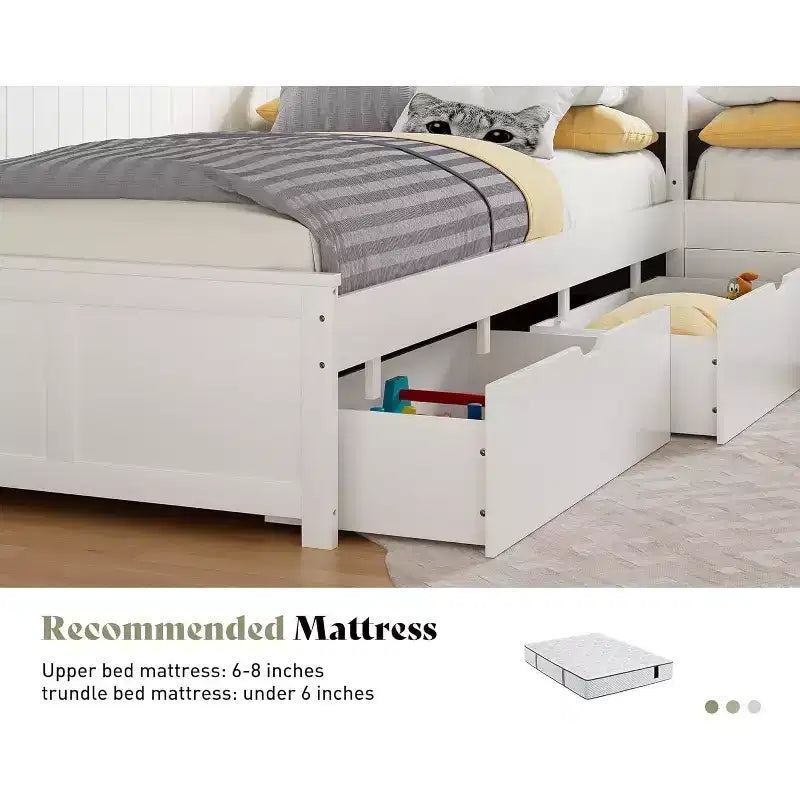 Lit gigogne double en bois massif en forme de L avec bureau de rangement à plateau relevable, cadre de plateforme peu encombrant pour chambres d'enfants et familiales