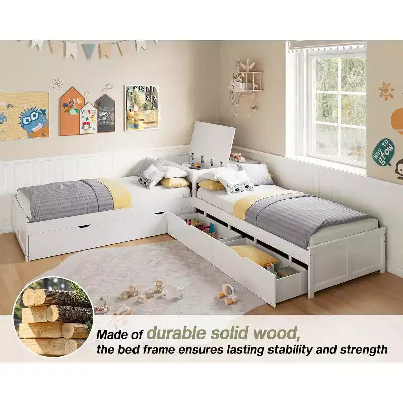 Lit gigogne double en bois massif en forme de L avec bureau de rangement à plateau relevable, cadre de plateforme peu encombrant pour chambres d'enfants et familiales