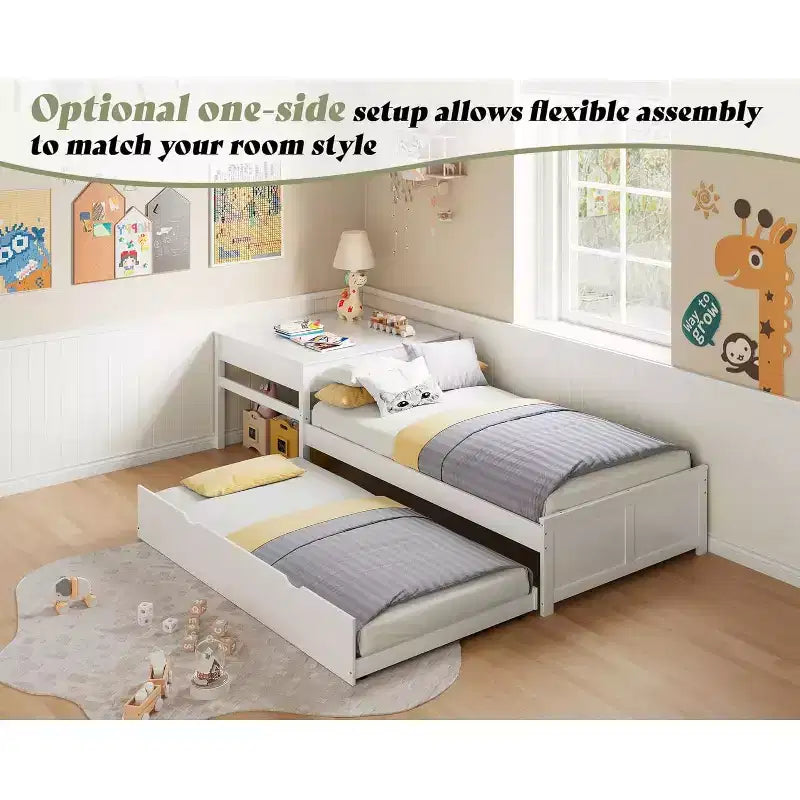 Lit gigogne double en bois massif en forme de L avec bureau de rangement à plateau relevable, cadre de plateforme peu encombrant pour chambres d'enfants et familiales