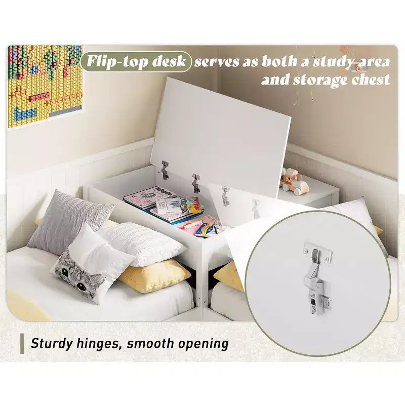 Lit gigogne double en bois massif en forme de L avec bureau de rangement à plateau relevable, cadre de plateforme peu encombrant pour chambres d'enfants et familiales