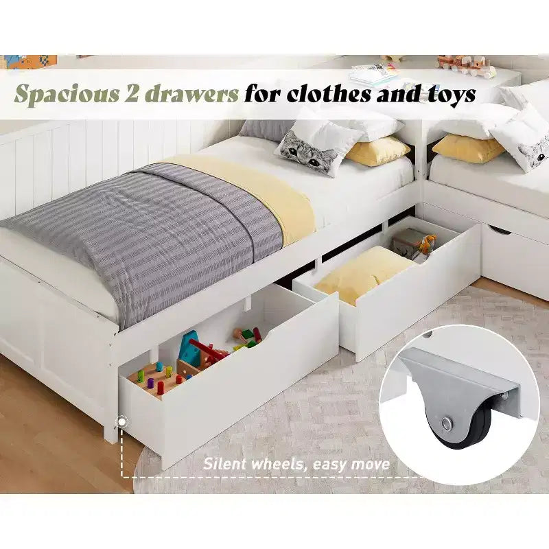 Lit gigogne double en bois massif en forme de L avec bureau de rangement à plateau relevable, cadre de plateforme peu encombrant pour chambres d'enfants et familiales