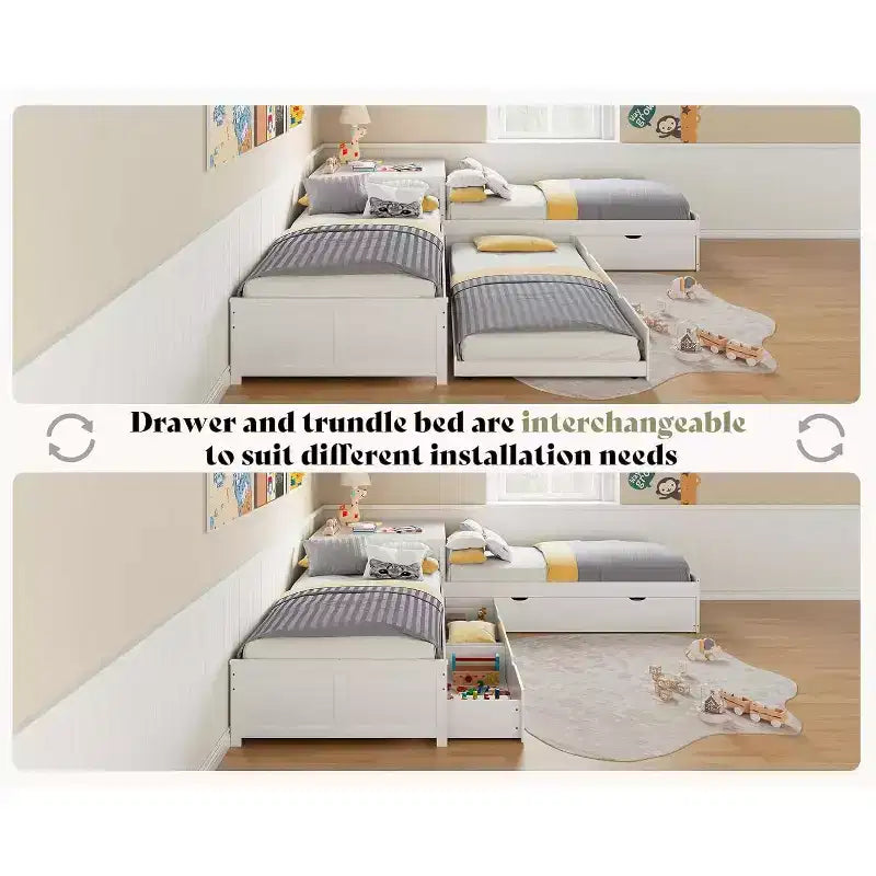 Lit gigogne double en bois massif en forme de L avec bureau de rangement à plateau relevable, cadre de plateforme peu encombrant pour chambres d'enfants et familiales