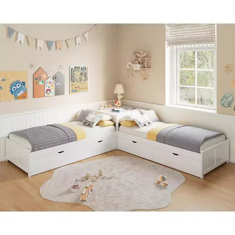 Lit gigogne double en bois massif en forme de L avec bureau de rangement à plateau relevable, cadre de plateforme peu encombrant pour chambres d'enfants et familiales