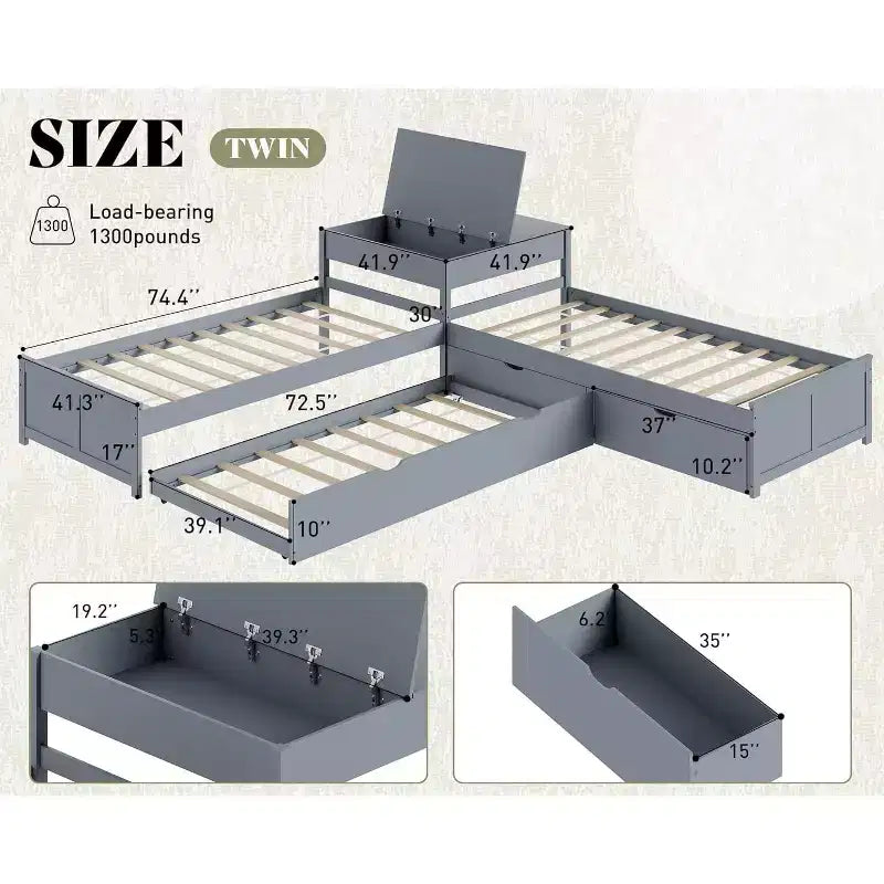 Lit gigogne double en bois massif en forme de L avec bureau de rangement à plateau relevable, cadre de plateforme peu encombrant pour chambres d'enfants et familiales