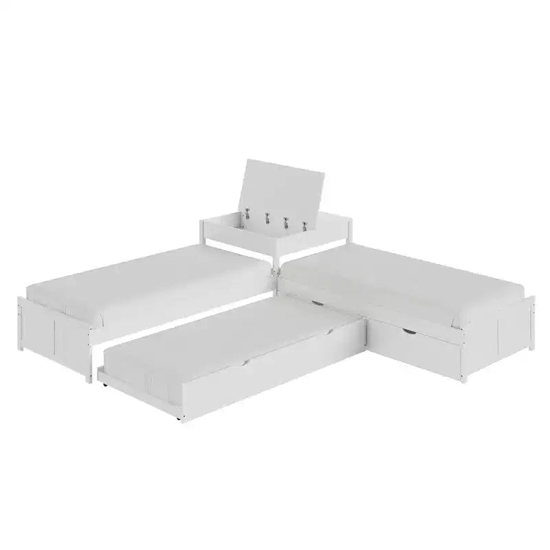 Lit gigogne double en bois massif en forme de L avec bureau de rangement à plateau relevable, cadre de plateforme peu encombrant pour chambres d'enfants et familiales