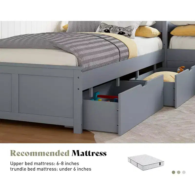 Lit gigogne double en bois massif en forme de L avec bureau de rangement à plateau relevable, cadre de plateforme peu encombrant pour chambres d'enfants et familiales