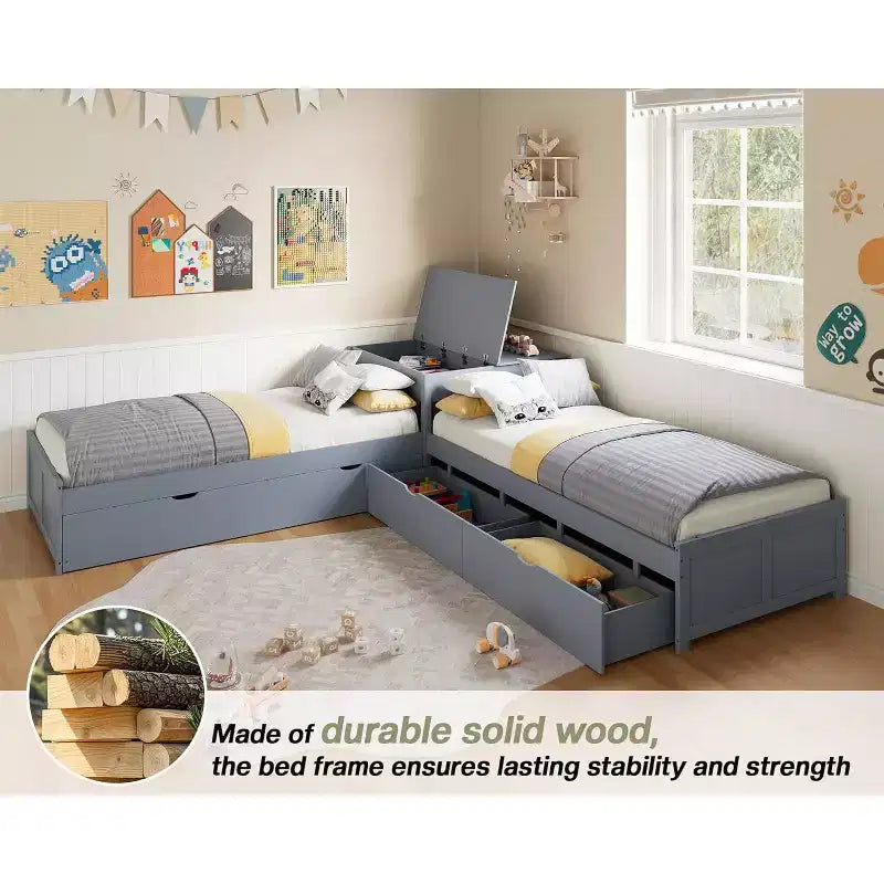 Lit gigogne double en bois massif en forme de L avec bureau de rangement à plateau relevable, cadre de plateforme peu encombrant pour chambres d'enfants et familiales