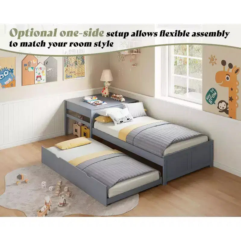 Lit gigogne double en bois massif en forme de L avec bureau de rangement à plateau relevable, cadre de plateforme peu encombrant pour chambres d'enfants et familiales