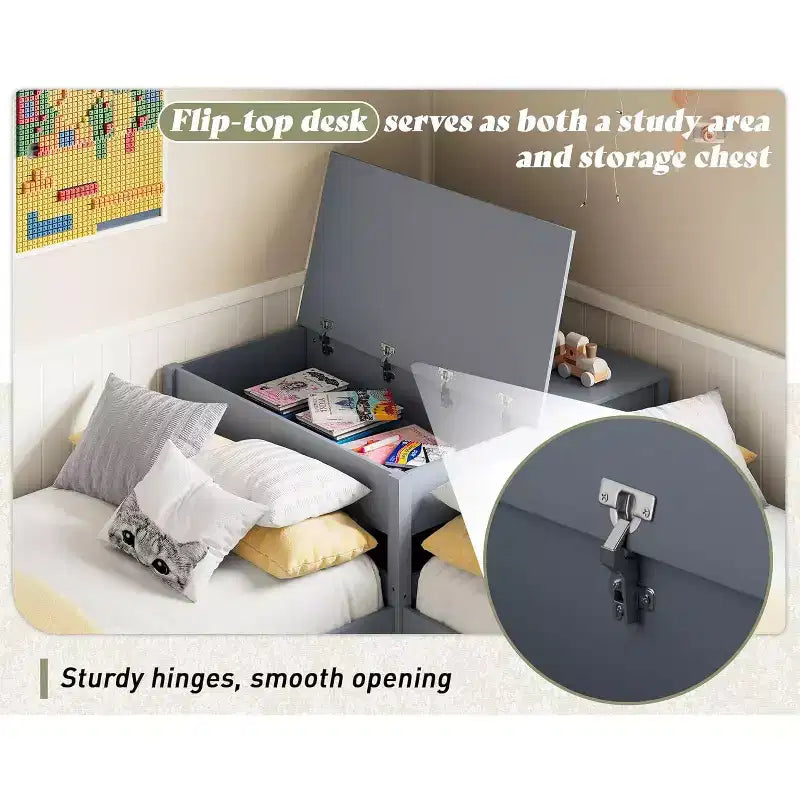 Lit gigogne double en bois massif en forme de L avec bureau de rangement à plateau relevable, cadre de plateforme peu encombrant pour chambres d'enfants et familiales