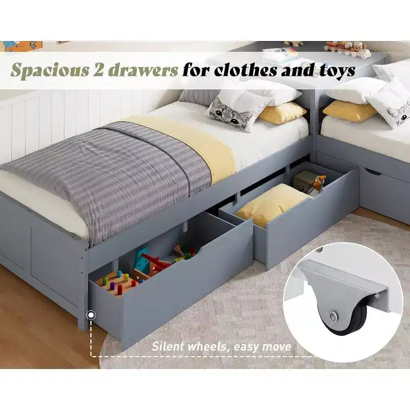 Lit gigogne double en bois massif en forme de L avec bureau de rangement à plateau relevable, cadre de plateforme peu encombrant pour chambres d'enfants et familiales