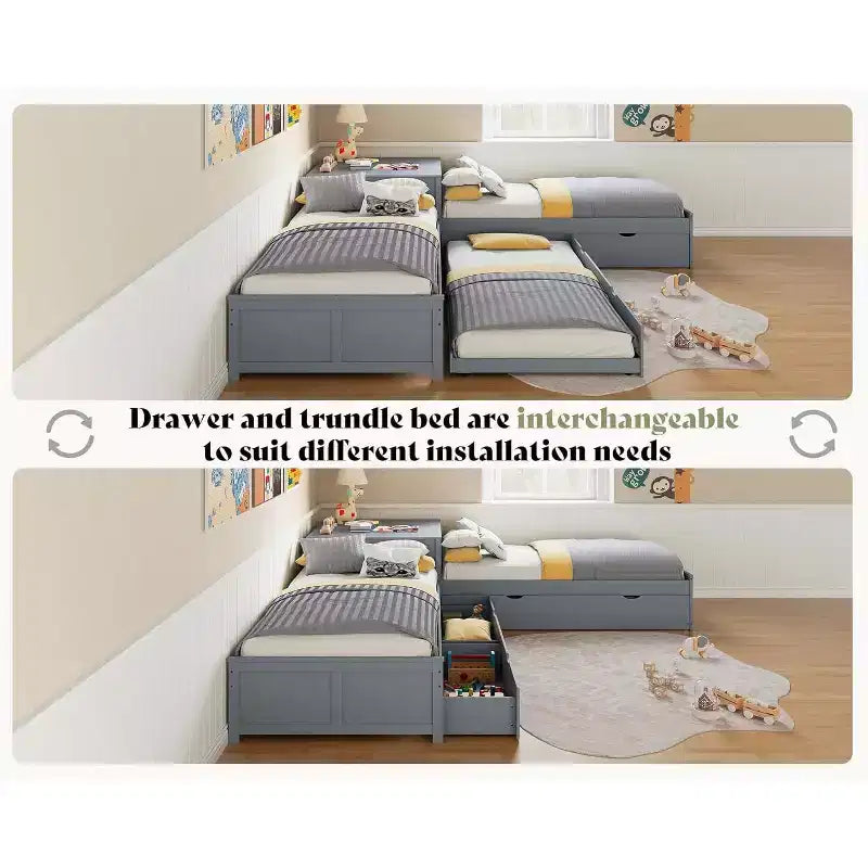 Lit gigogne double en bois massif en forme de L avec bureau de rangement à plateau relevable, cadre de plateforme peu encombrant pour chambres d'enfants et familiales