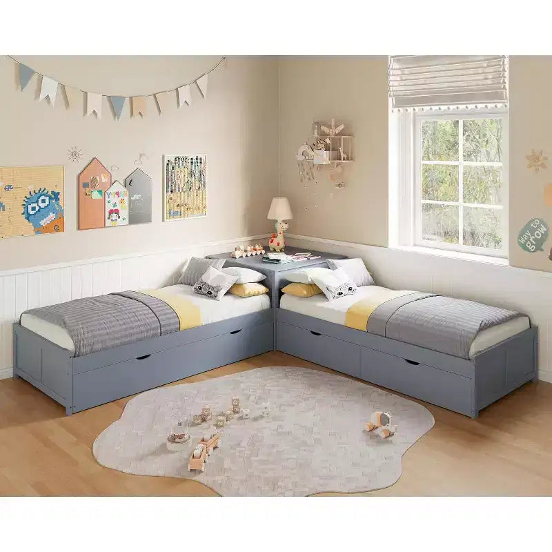Lit gigogne double en bois massif en forme de L avec bureau de rangement à plateau relevable, cadre de plateforme peu encombrant pour chambres d'enfants et familiales