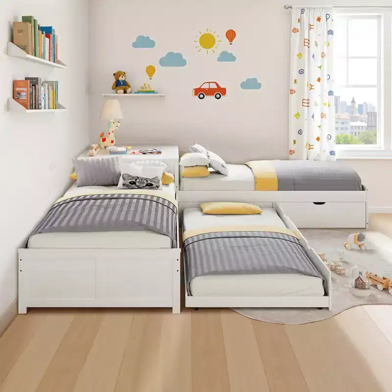 Lit gigogne double en bois massif en forme de L avec bureau de rangement à plateau relevable, cadre de plateforme peu encombrant pour chambres d'enfants et familiales
