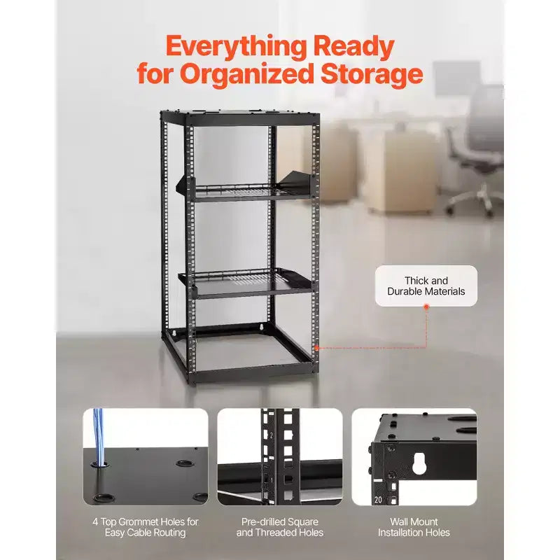 Rack réseau à cadre ouvert 20U, profondeur de 23 pouces, rack de serveur mural ou sur pied, robuste 4 montants, avec étagères ventilées, noir
