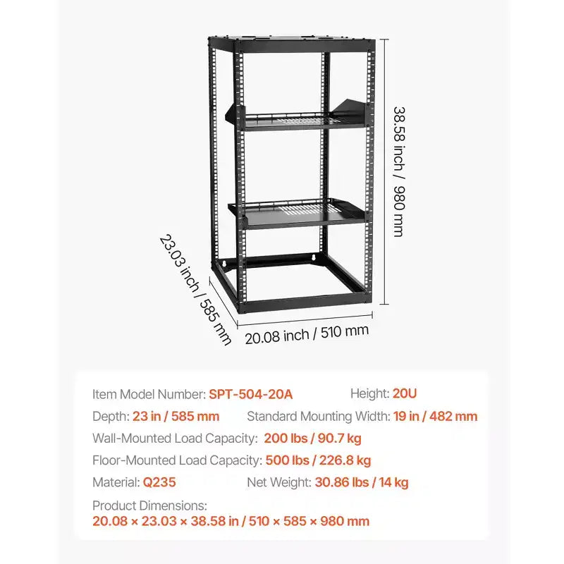 Rack réseau à cadre ouvert 20U, profondeur de 23 pouces, rack de serveur mural ou sur pied, robuste 4 montants, avec étagères ventilées, noir