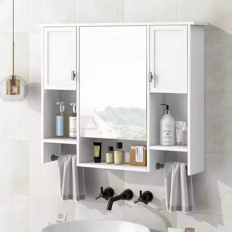 Armoire de toilette murale de 73 cm avec rangement dissimulé, 6 étagères ouvertes, armoire à pharmacie, blanche