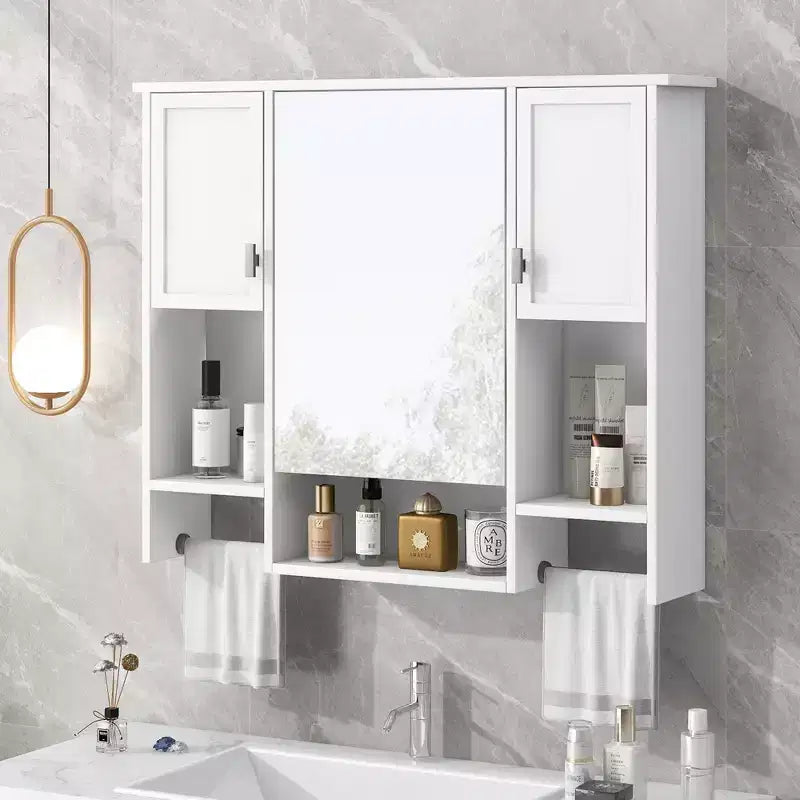 Armoire de toilette murale de 73 cm avec rangement dissimulé, 6 étagères ouvertes, armoire à pharmacie, blanche