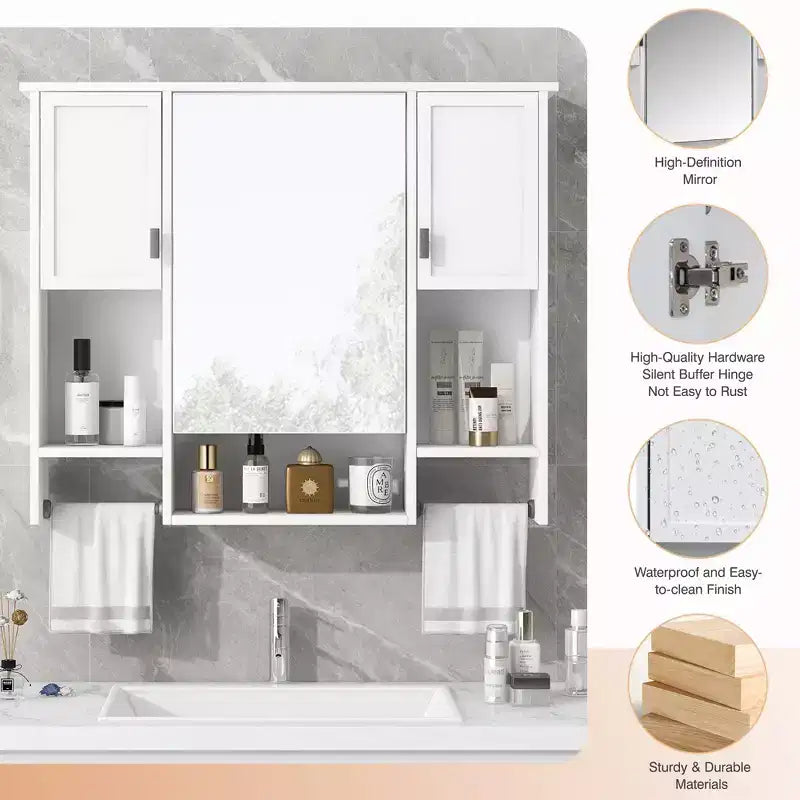 Armoire de toilette murale de 73 cm avec rangement dissimulé, 6 étagères ouvertes, armoire à pharmacie, blanche
