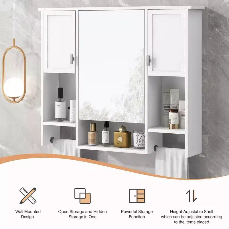 Armoire de toilette murale de 73 cm avec rangement dissimulé, 6 étagères ouvertes, armoire à pharmacie, blanche