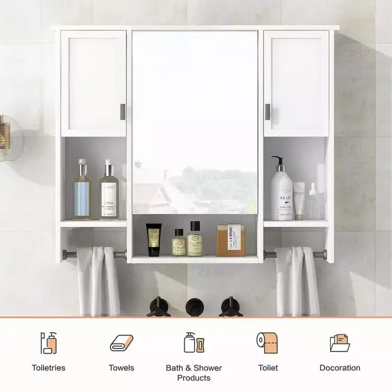 Armoire de toilette murale de 73 cm avec rangement dissimulé, 6 étagères ouvertes, armoire à pharmacie, blanche