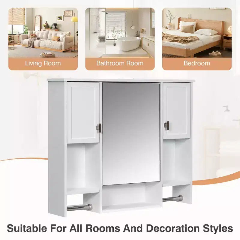 Armoire de toilette murale de 73 cm avec rangement dissimulé, 6 étagères ouvertes, armoire à pharmacie, blanche