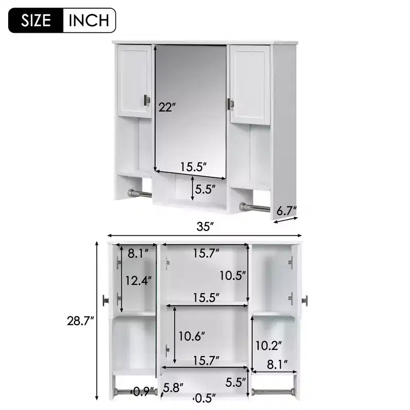 Armoire de toilette murale de 73 cm avec rangement dissimulé, 6 étagères ouvertes, armoire à pharmacie, blanche