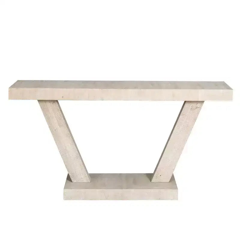 Console rustique pour entrée avec plateau en bois vieilli, large piètement en V pour couloir