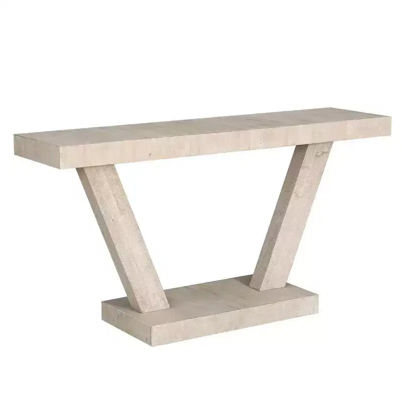 Console rustique pour entrée avec plateau en bois vieilli, large piètement en V pour couloir