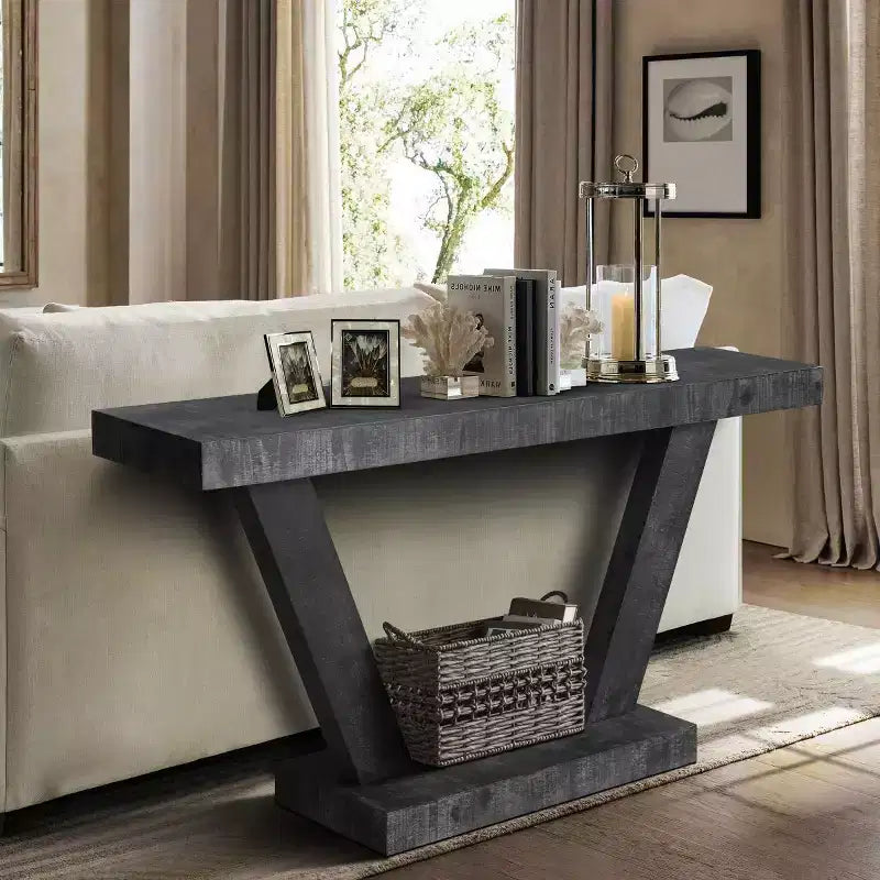 Console rustique pour entrée avec plateau en bois vieilli, large piètement en V pour couloir