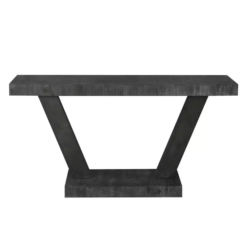 Console rustique pour entrée avec plateau en bois vieilli, large piètement en V pour couloir
