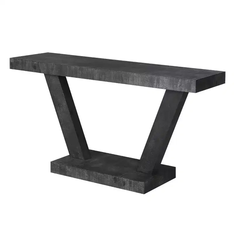 Console rustique pour entrée avec plateau en bois vieilli, large piètement en V pour couloir