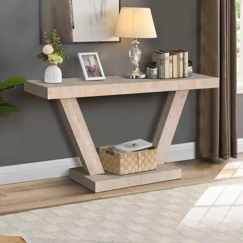 Console rustique pour entrée avec plateau en bois vieilli, large piètement en V pour couloir