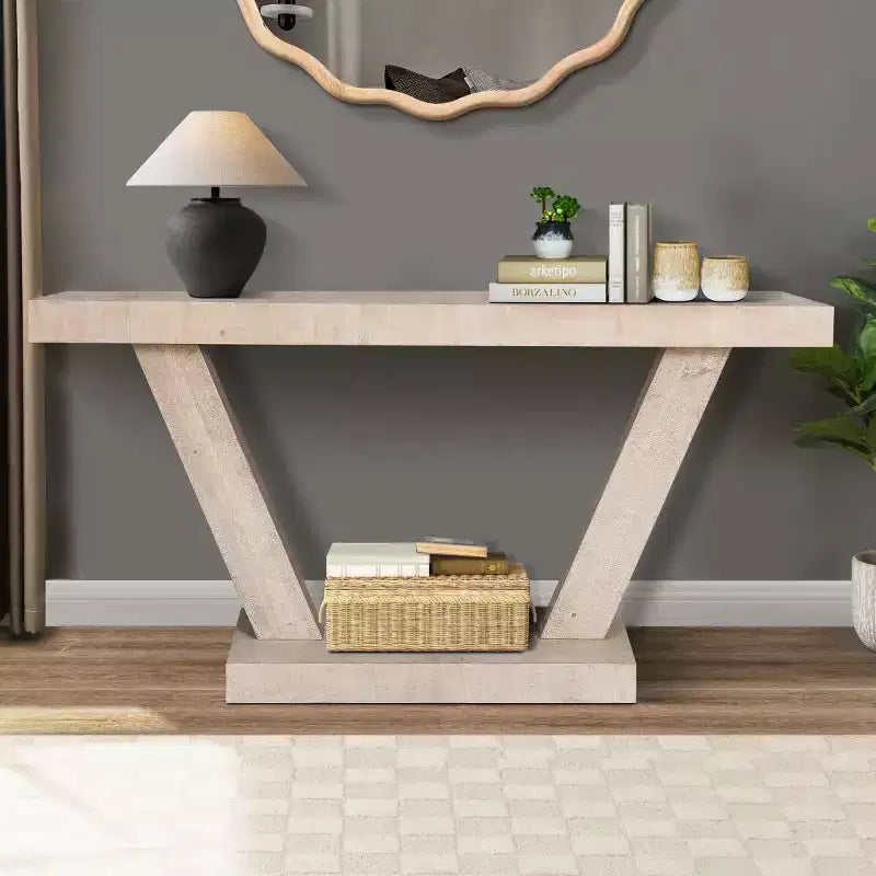 Console rustique pour entrée avec plateau en bois vieilli, large piètement en V pour couloir