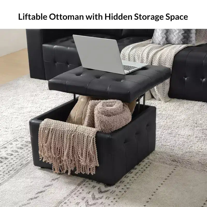 Ottoman carré standard 24 po en cuir véritable capitonné avec rangement