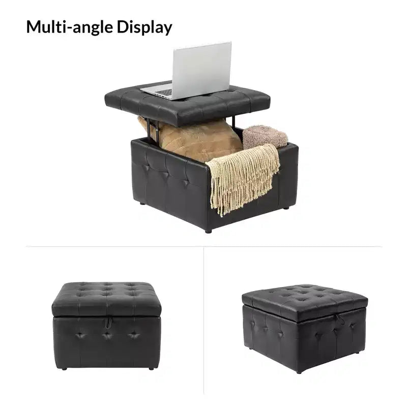 Ottoman carré standard 24 po en cuir véritable capitonné avec rangement
