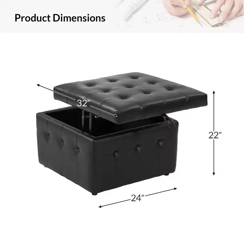 Ottoman carré standard 24 po en cuir véritable capitonné avec rangement