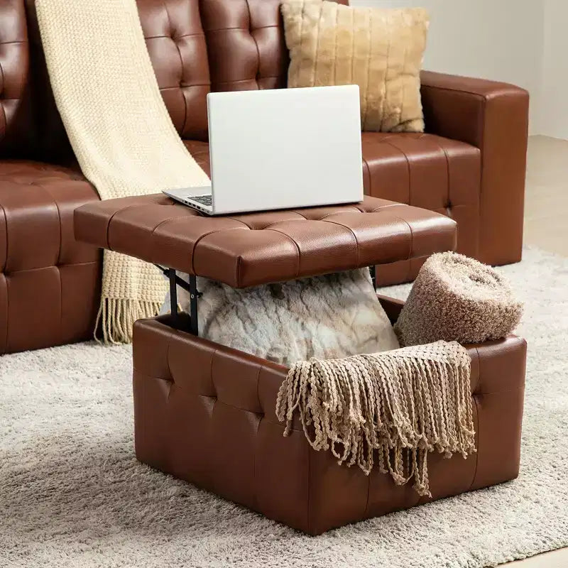 Ottoman carré standard 24 po en cuir véritable capitonné avec rangement