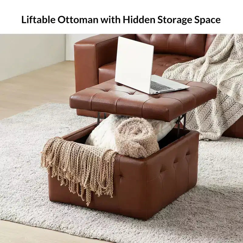 Ottoman carré standard 24 po en cuir véritable capitonné avec rangement